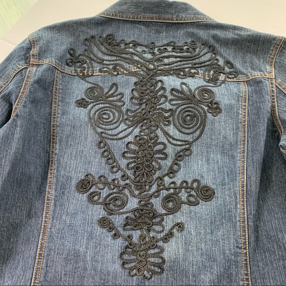 Passementerie front and back. Chico’s size 2 (large) denim jacket, black details - Picture 2 of 15